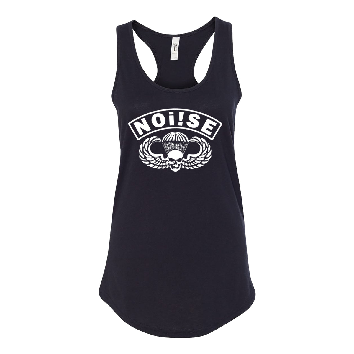 This fitted black NOi!SE tank top features a bold white Parachute Logo—a winged skull with parachute—topped by &quot;NOi!SE&quot; in striking letters on the racerback.