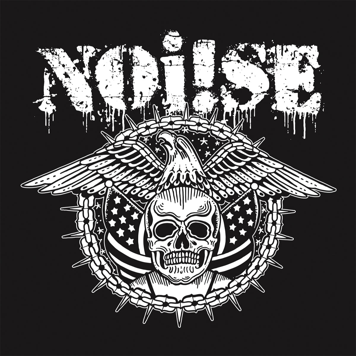 NOi!SE vinyl sticker featuring bold white grunge text, a winged Skull Eagle with a mohawk, barbed wire, and a U.S. flag shield on a black background—ideal for making a strong statement.