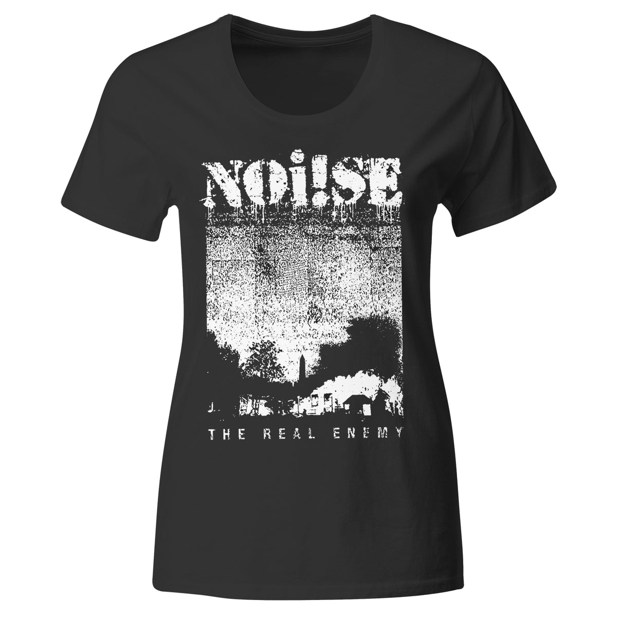 The NOi!SE Real Enemy T-shirt is a fitted tee with a distressed white NOi!SE logo at the top and THE REAL ENEMY text below an abstract cityscape silhouette, delivering a bold, edgy streetwear vibe.