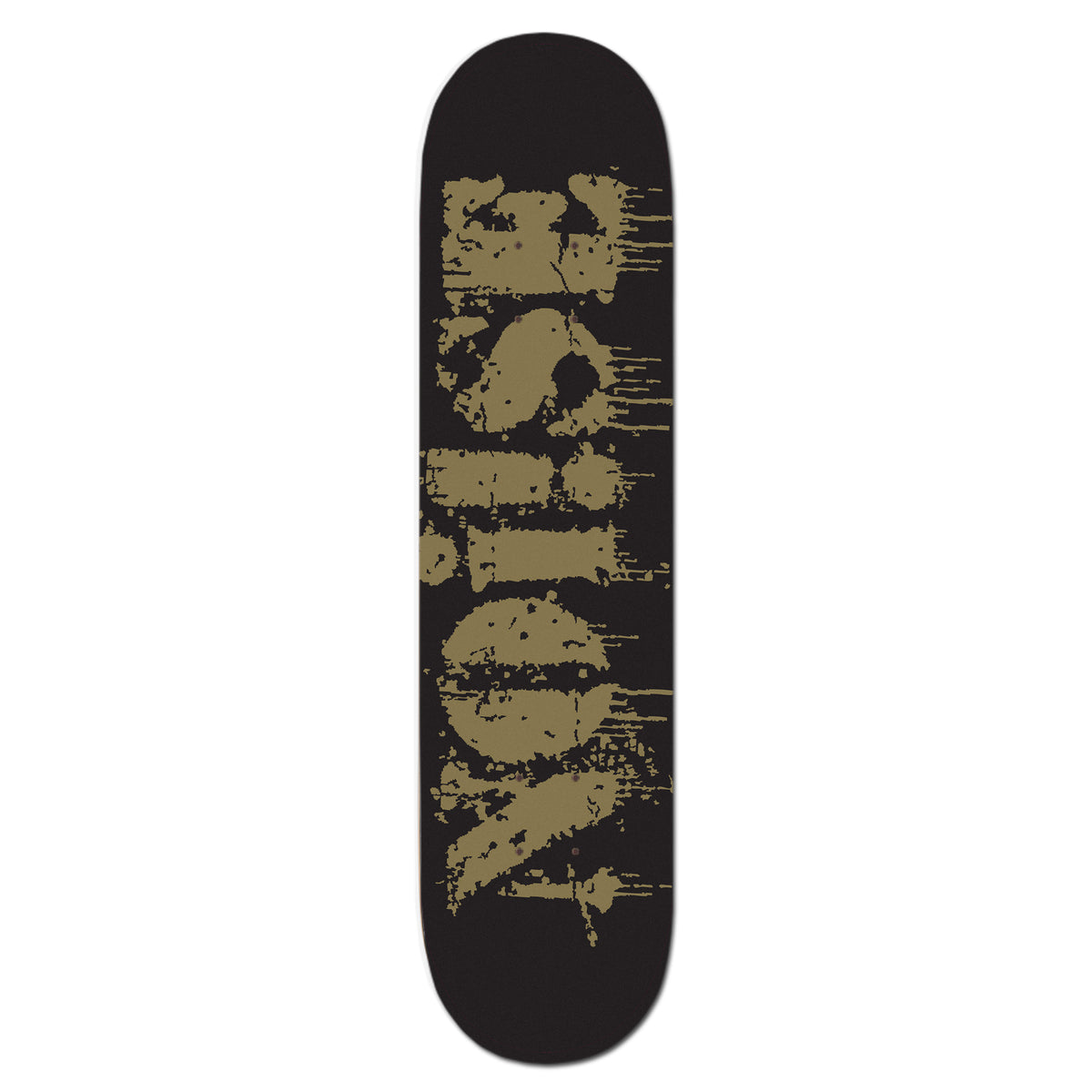 A black, 8.5 x 32 skateboard deck from NOi!SE featuring the word VISION in large, distressed tan letters printed vertically down the center.
