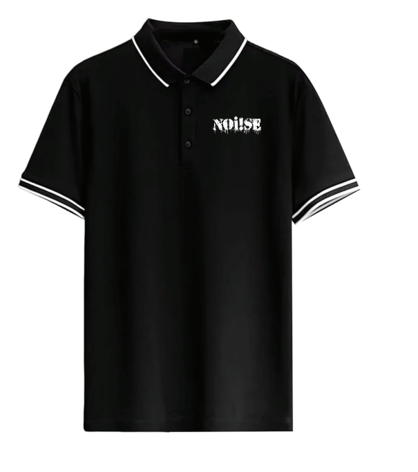 NOi!SE black polo shirt with white trim on collar and sleeves, featuring an embroidered white NOi!SE logo in stylized lettering on the left chest. Classic, clean design.