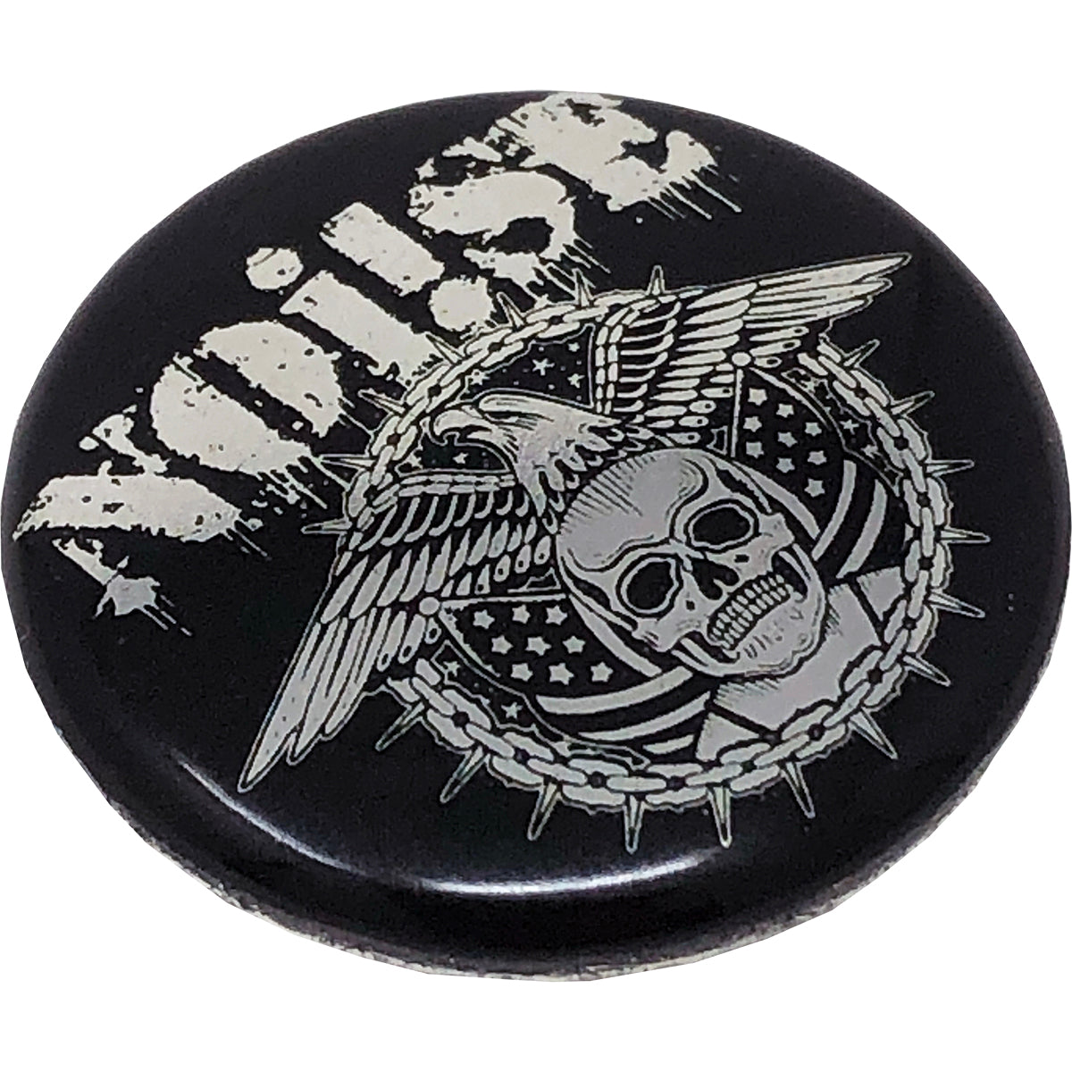 A round black NOi!SE button with distressed white text over a Skull Eagle graphic, wings, barbed wire, and stars—a bold accessory for any NOi!SE fan.