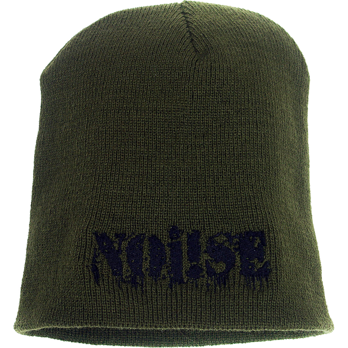An olive green knit beanie featuring the brand name NOi!SE embroidered in bold, black, distressed letters on the front.