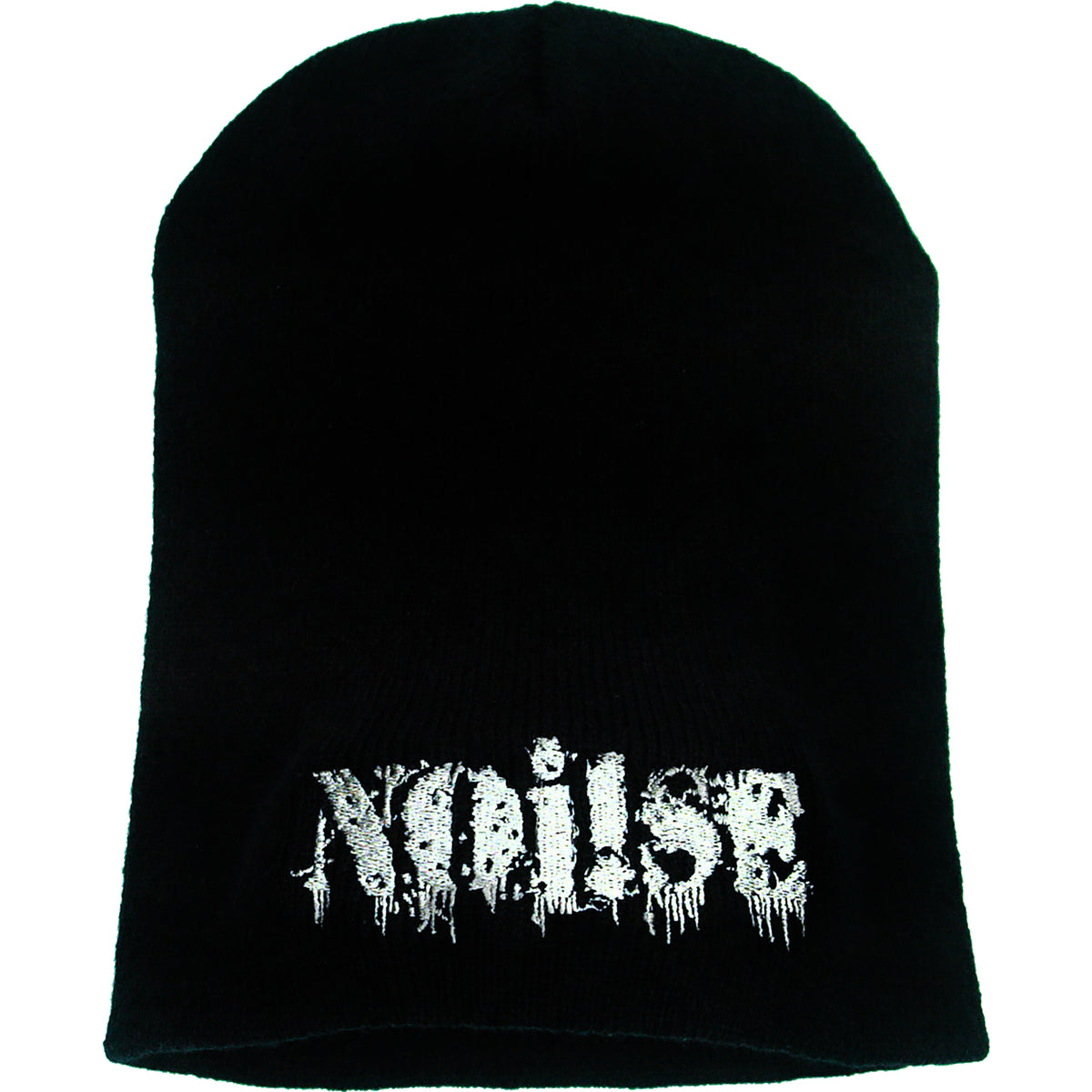 A black beanie hat from NOi!SE, featuring their name embroidered in white, dripping-style letters on the front.