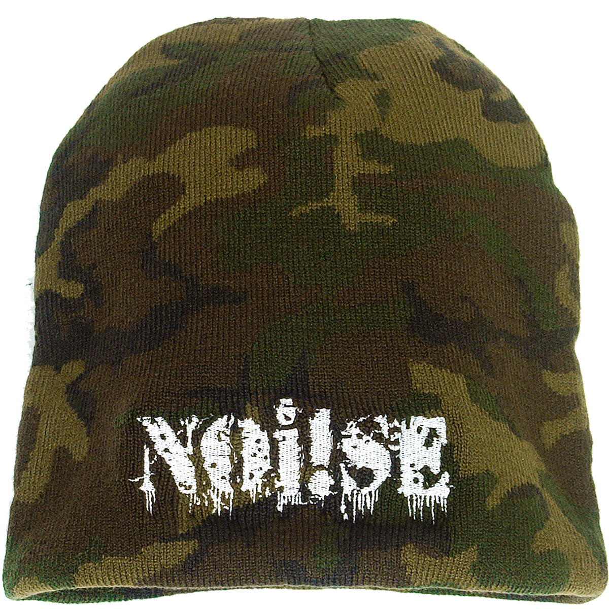 A camouflage beanie from NOi!SE featuring the band’s name in a distressed white font on the front.
