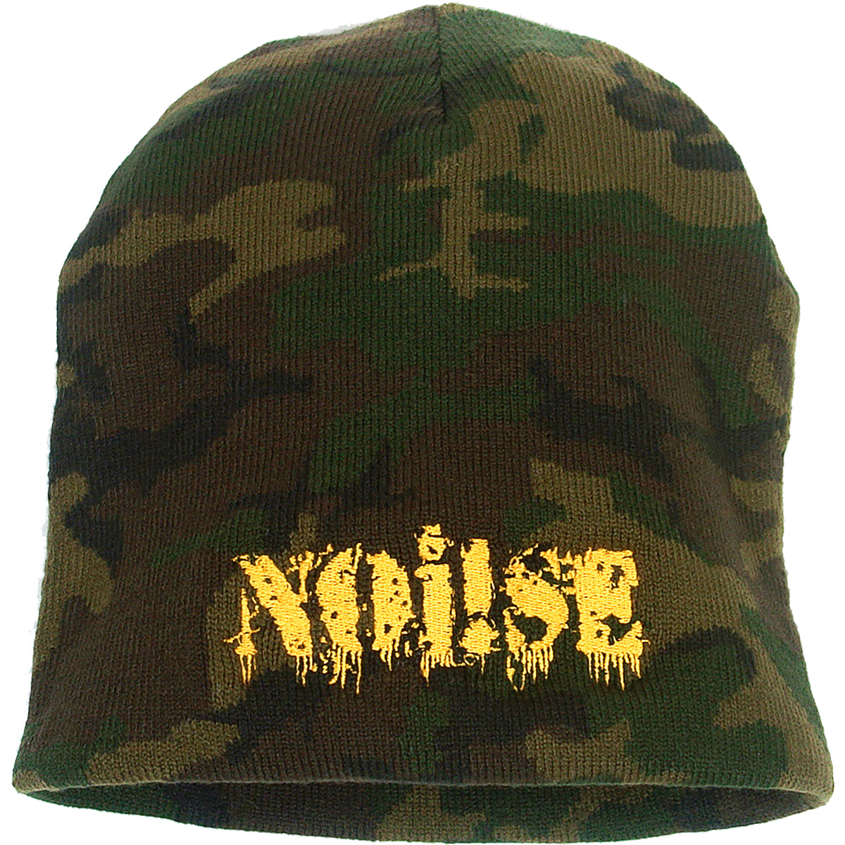 A green and brown camouflage beanie featuring the brand name NOi!SE in bold, yellow, distressed letters on the front.