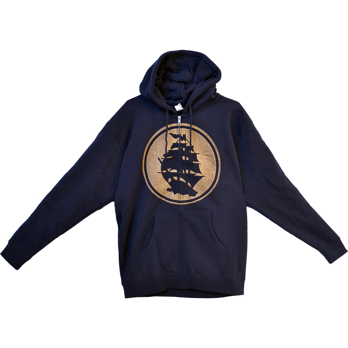 A navy blue zip-up sweatshirt from Pirates Press Records with a front pocket and a circular tall ship silhouette in shimmering metallic gold ink—a standout piece for fans.