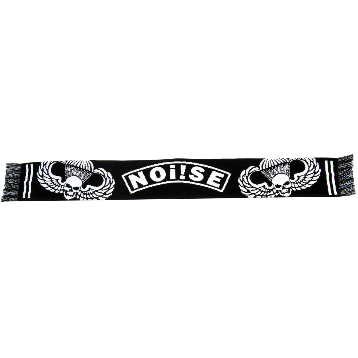 A black NOi!SE scarf with white designs features two winged skulls on each end, bold NOi!SE lettering in the center, and a striking parachute logo—a standout accessory for true band fans.