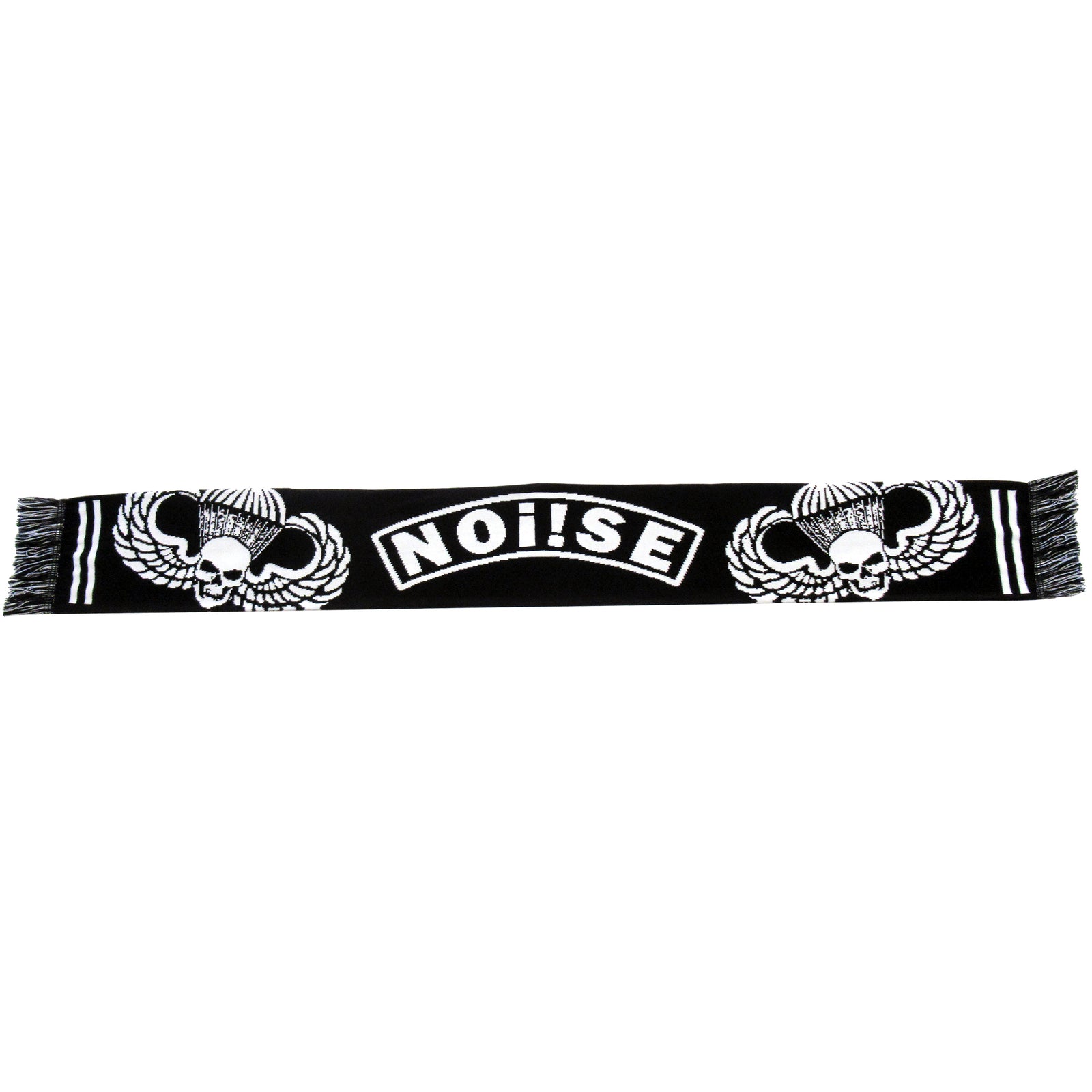 A black NOi!SE scarf with white designs features two winged skulls on each end, bold NOi!SE lettering in the center, and a striking parachute logo—a standout accessory for true band fans.