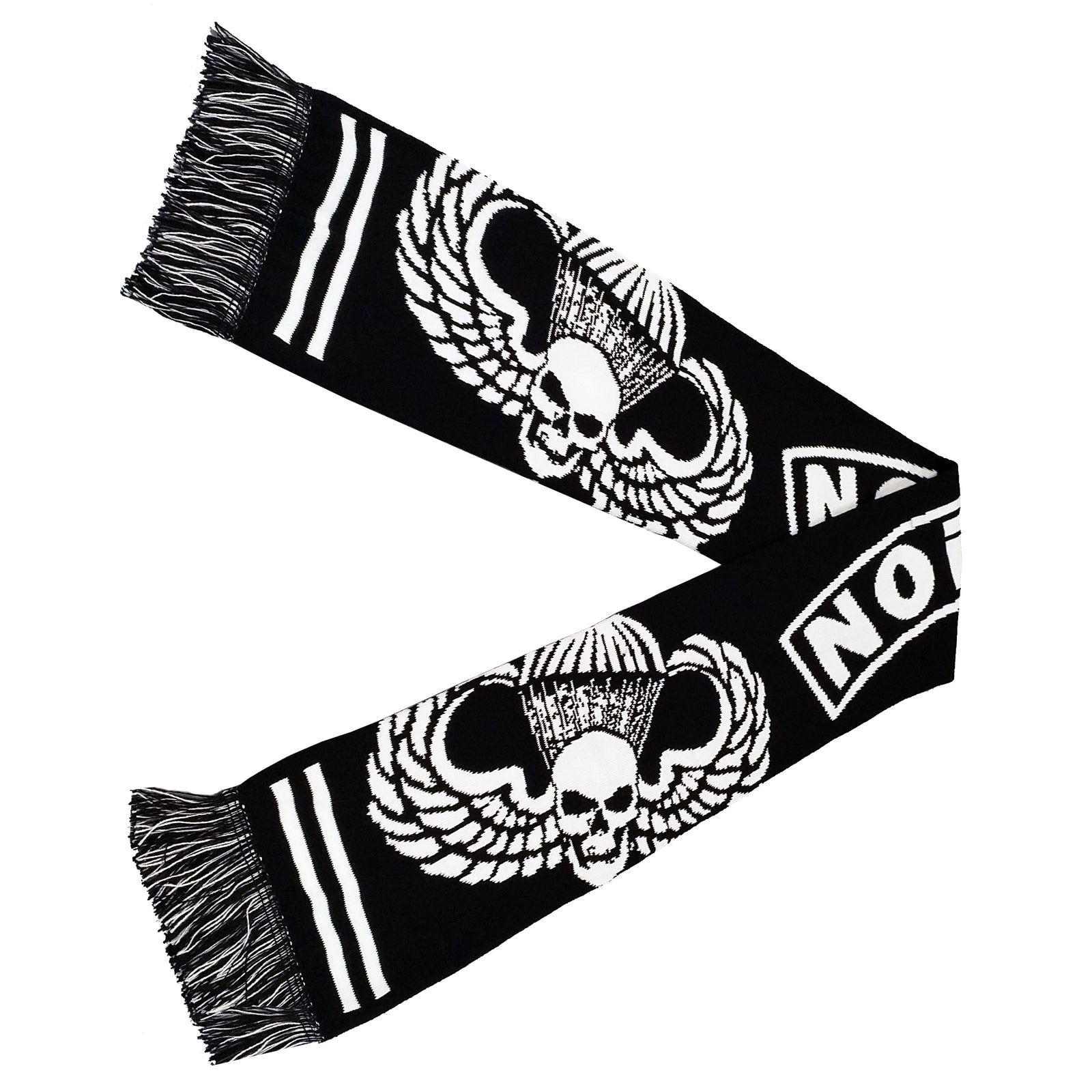 A black NOi!SE band scarf with white fringe, bold “NOT” text, winged skulls in mohawks, white stripes, and the Parachute logo—an essential for any NOi!SE fans collection.
