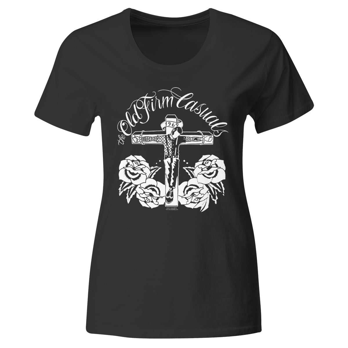 A fitted black T-shirt from The Old Firm Casuals featuring a white graphic of Crucified Roses on a crucifix, with the band’s name above and roses at the base.