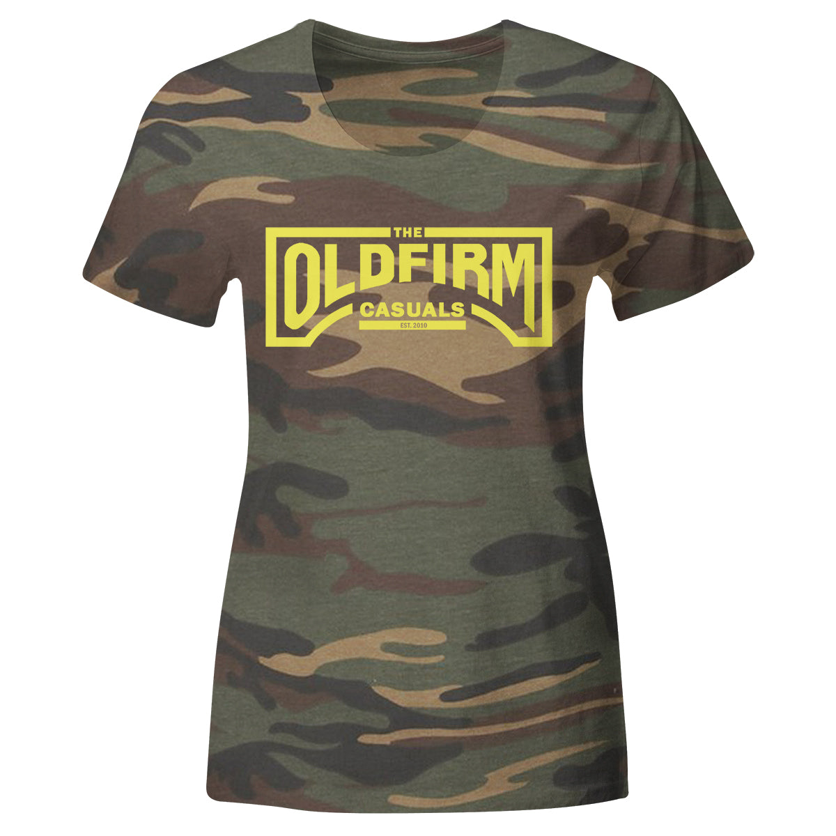A women’s fitted camo T-shirt from The Old Firm Casuals, featuring the brand’s name boldly printed in yellow across the chest.