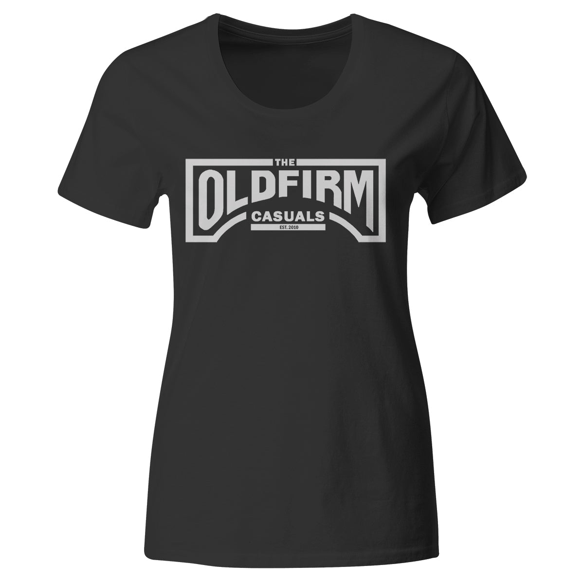 Women’s fitted black T-shirt by The Old Firm Casuals featuring bold white logo text across the chest in a rectangular design.