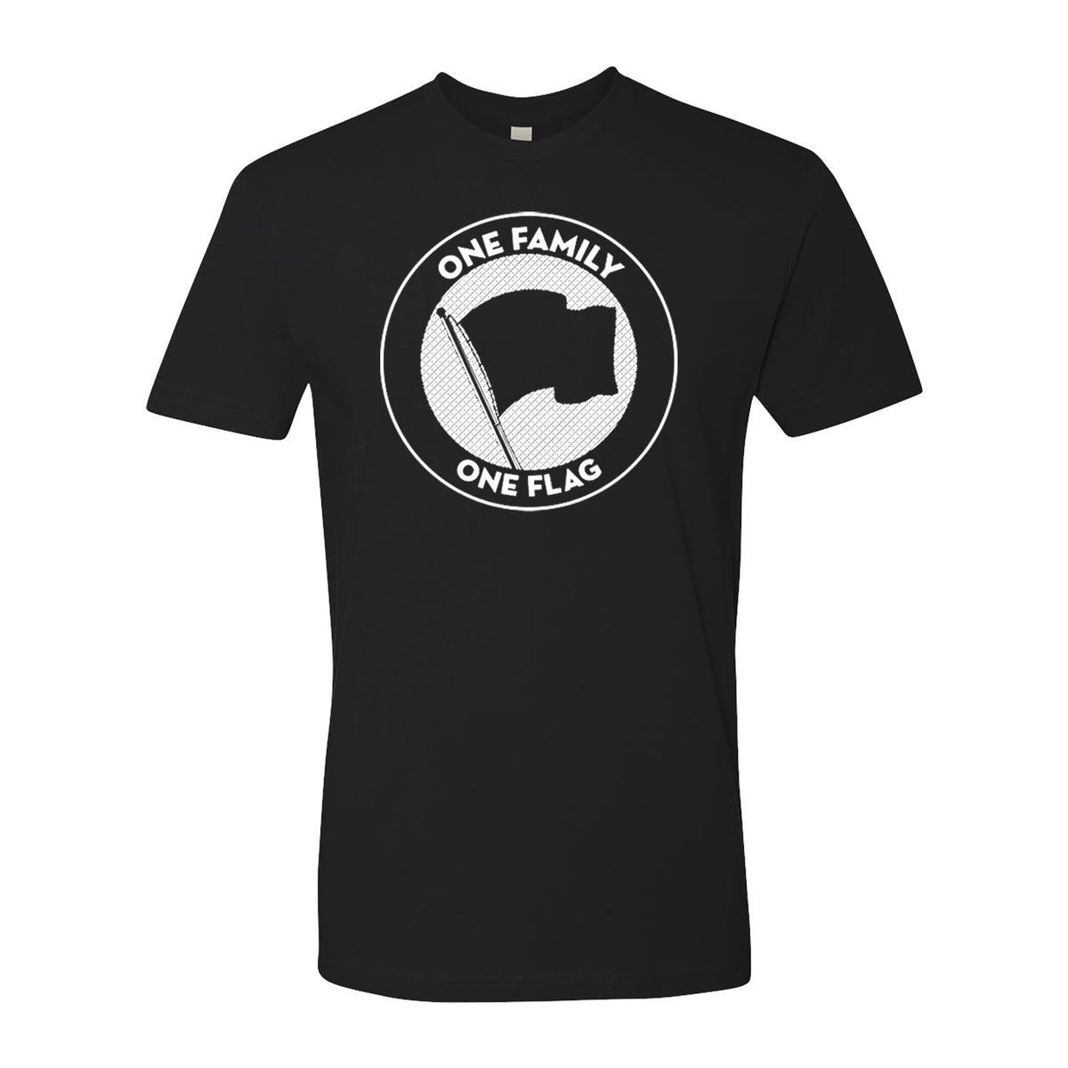 Black unisex T-shirt by Pirates Press Records featuring a circular emblem with a flag and bold white ONE FAMILY ONE FLAG text, symbolizing unity.