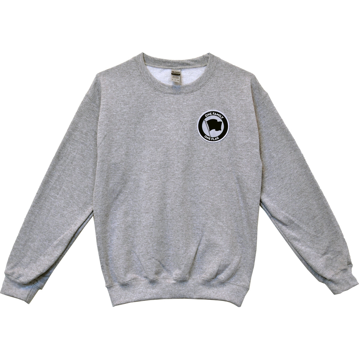 A light gray crewneck sweatshirt by Pirates Press Records, featuring a small circular black and white Cave Dwellers Club logo with a flag and the words “One Family. One Flag.” on the left chest.