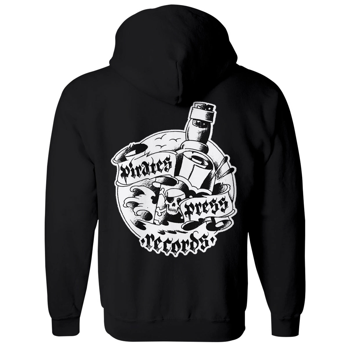 This black Pirates Press Records hoodie is an Independent IND4000Z zip-up with a large white graphic of a record, bottles, and skull on the back, wrapped by a Pirates Press Records banner.