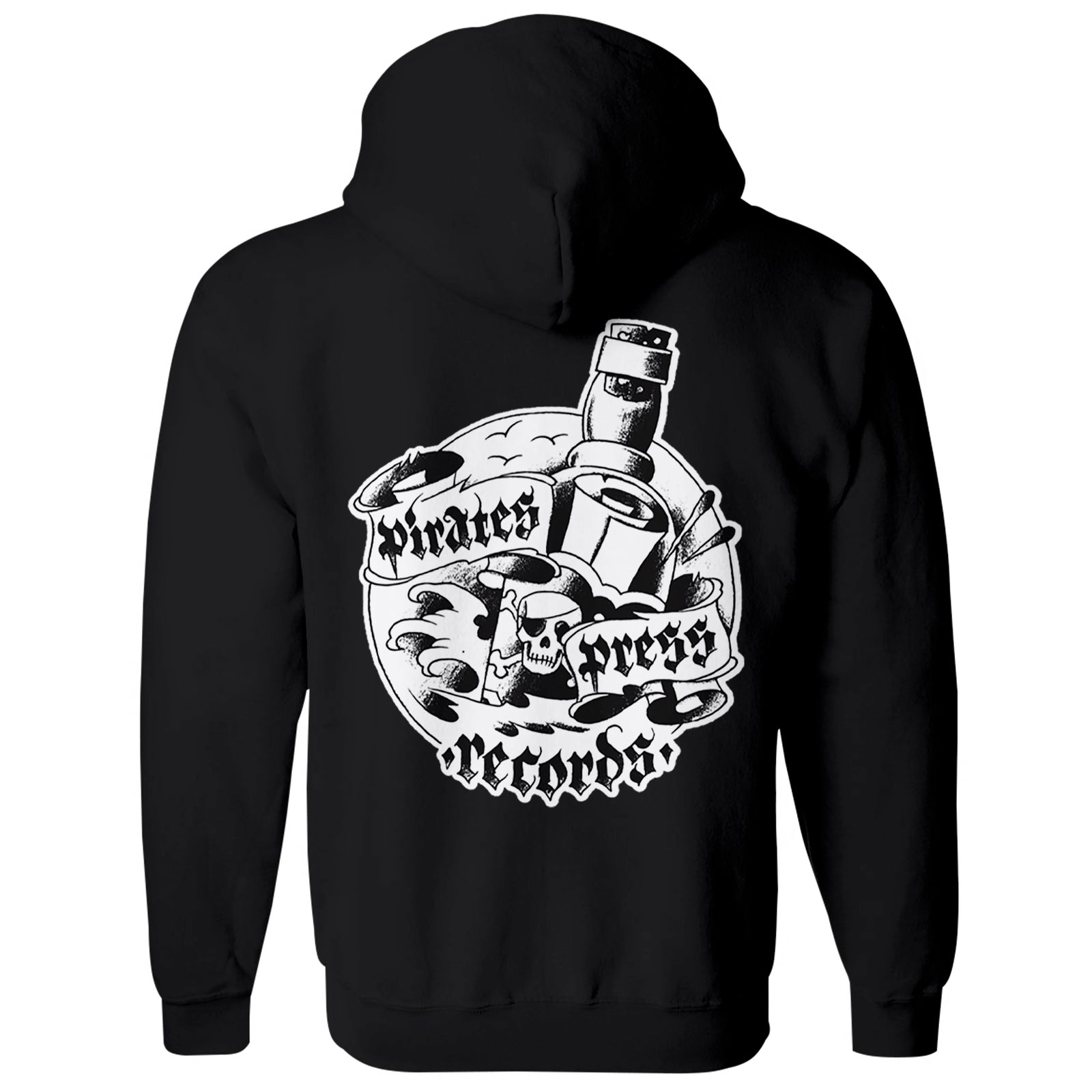 This black Pirates Press Records hoodie is an Independent IND4000Z zip-up with a large white graphic of a record, bottles, and skull on the back, wrapped by a Pirates Press Records banner.