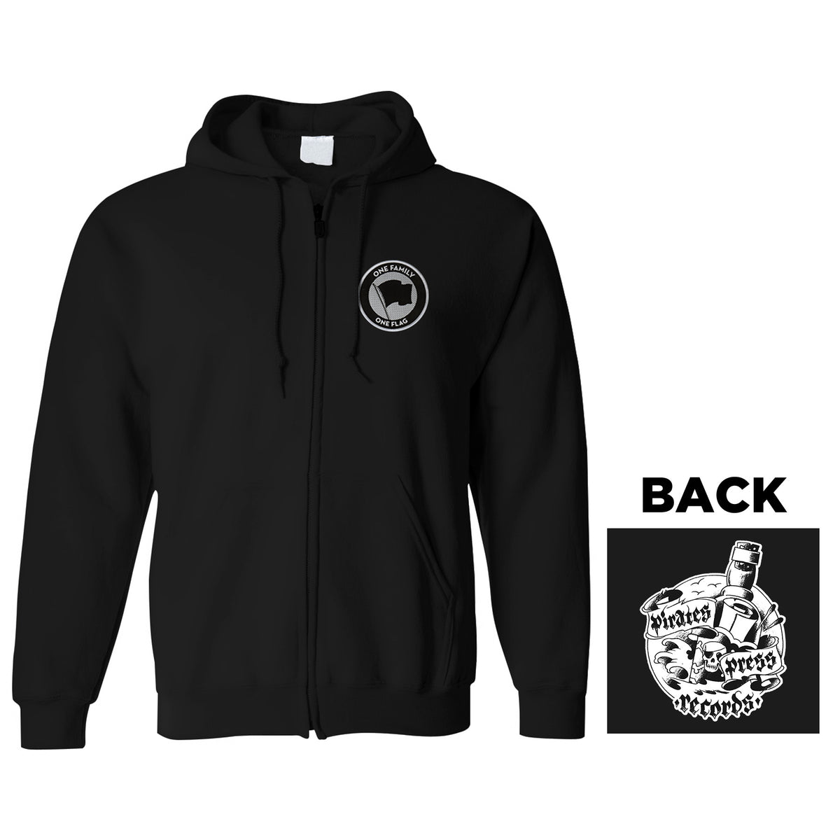The Pirates Press Records IND4000Z black zip-up sweatshirt features a small circular logo on the front left chest and a large illustrated back graphic of a hand holding a bottle, with One Family One Flag text.