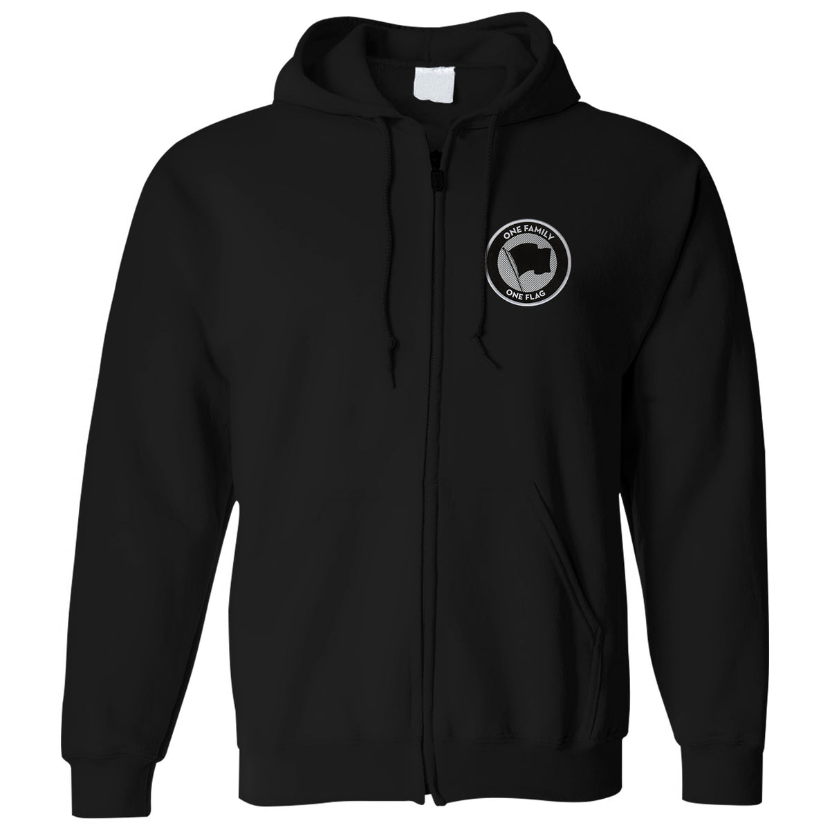 A Pirates Press Records black zip-up hoodie, featuring a circular white emblem with a black flag and ONE FAMILY ONE FLAG on the left chest. Made on a comfortable Independent IND4000Z sweatshirt.