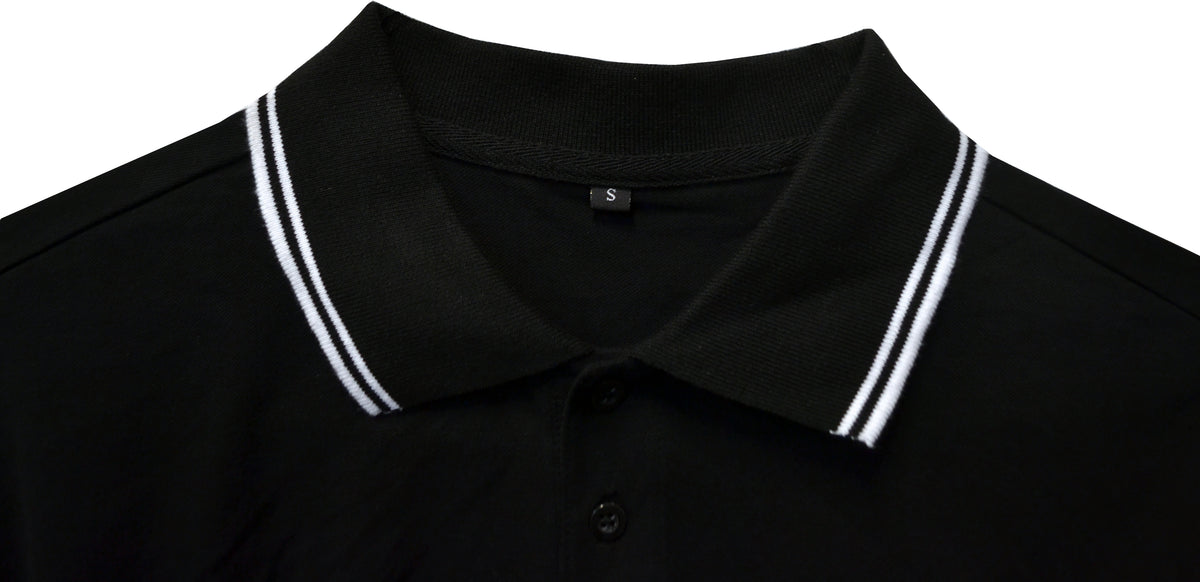 Pirates Press Records Black One Family One Flag polo shirt with a collar featuring two white stripes, button placket, visible S size tag at the neckline—all set against a plain white background in official label style.