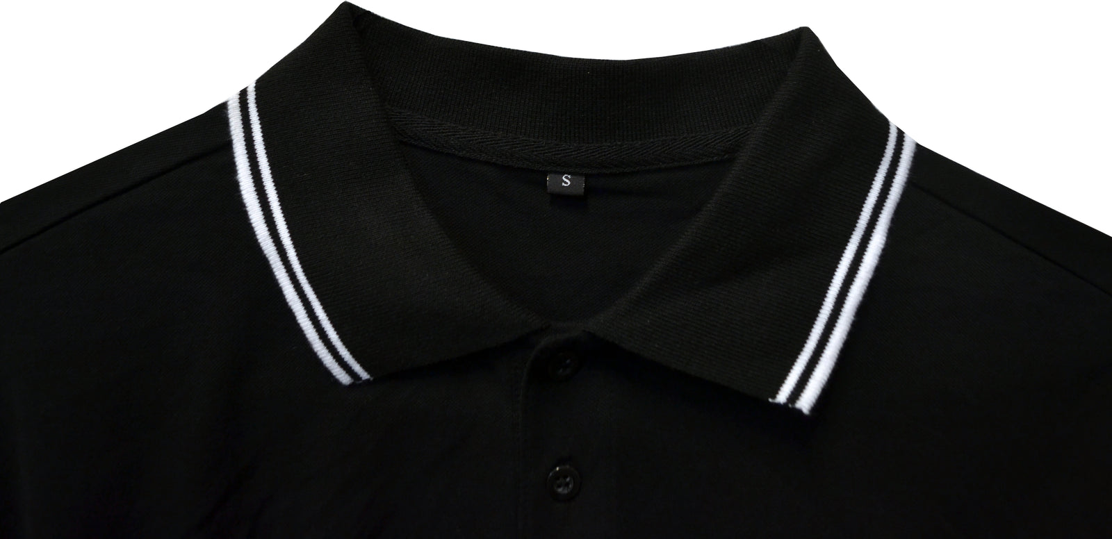 Pirates Press Records Black One Family One Flag polo shirt with a collar featuring two white stripes, button placket, visible S size tag at the neckline—all set against a plain white background in official label style.