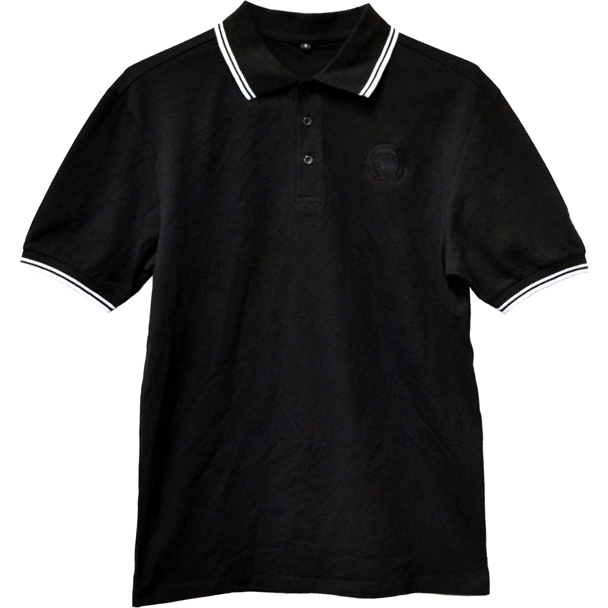 This classic black short-sleeve polo by Pirates Press Records features a collar with white stripes, striped sleeves, button placket, subtle chest logo, and embroidered details—a stylish nod to the iconic record label.