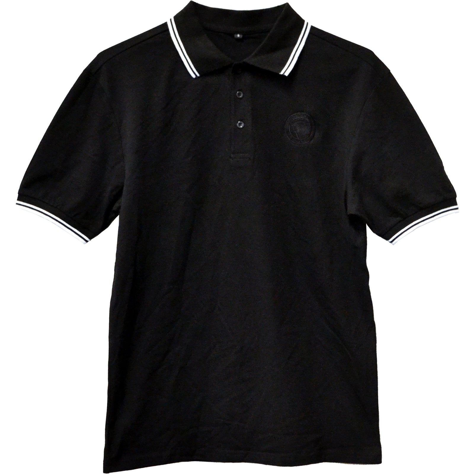 This classic black short-sleeve polo by Pirates Press Records features a collar with white stripes, striped sleeves, button placket, subtle chest logo, and embroidered details—a stylish nod to the iconic record label.