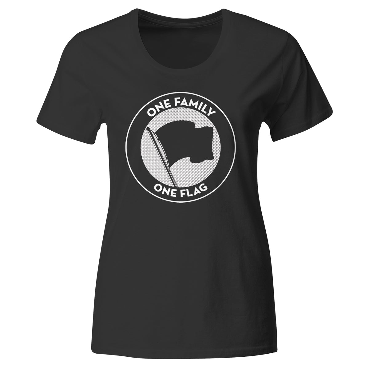 Black fitted T-shirt from Pirates Press Records with a white circular flag design and “ONE FAMILY ONE FLAG” text.