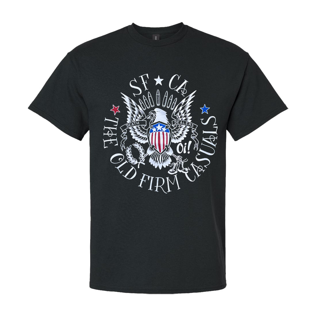 Black Gildan 2000 T-shirt featuring bold white text: SF CA The Old Firm Casuals, encircling an eagle with a shield, wings, and stars. The shield is detailed with red, white, and blue stripes and displays Oi! across the front—perfect for fans of the iconic Death Dealers T-shirt style.