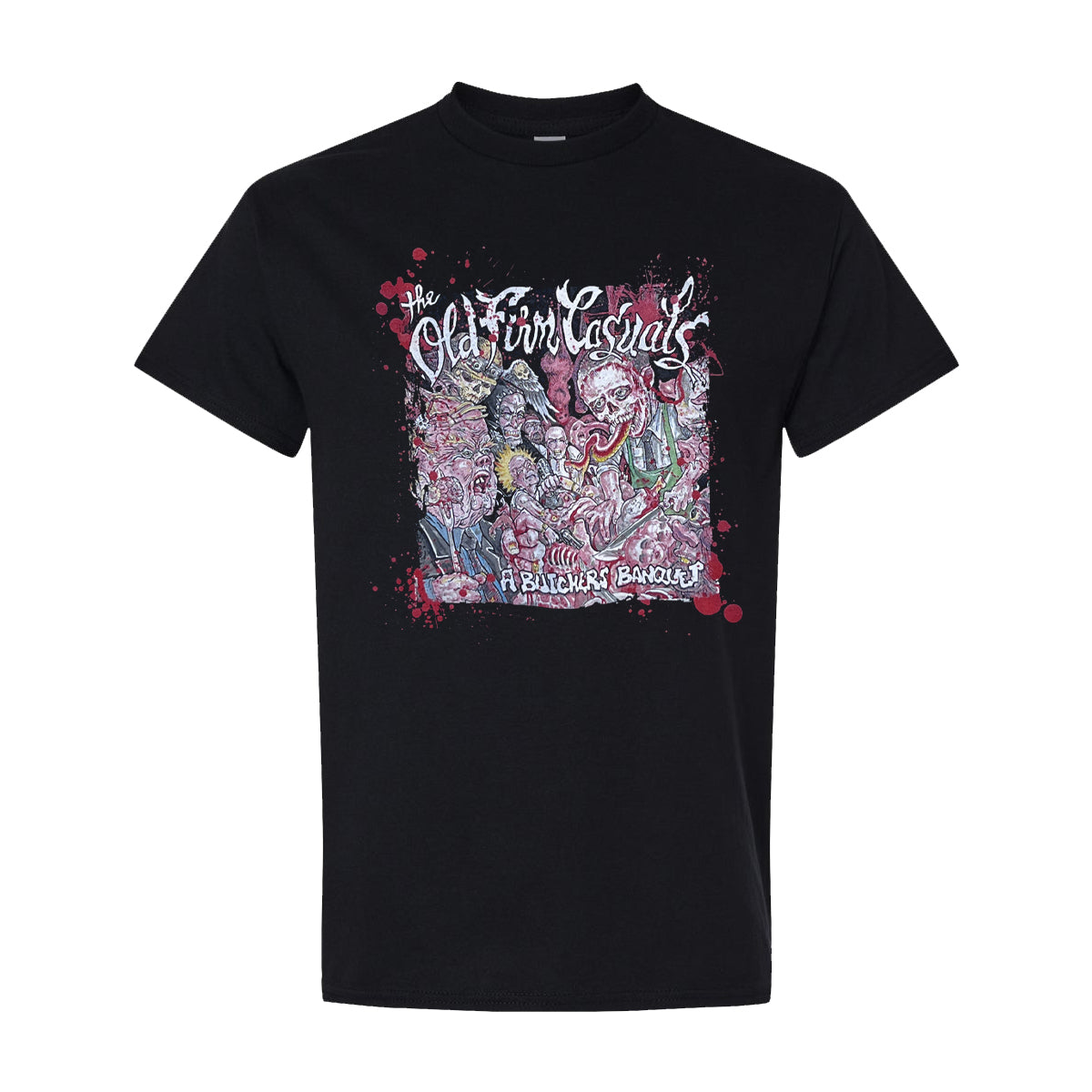 Black Gildan Heavy Cotton T-shirt featuring colorful, detailed artwork and the text Old Firm Casuals at the top and Butcher’s Banquet at the bottom, with various illustrated figures and splatter accents.