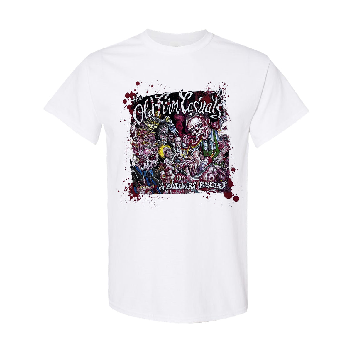 White Gildan Heavy Cotton T-shirt featuring colorful, graphic artwork and a striking splatter effect. Text at the top reads Old Firm Casuals, with Butcher’s Banquet displayed at the bottom. Cartoonish figures and lively scenes fill the center design, making this Butcher’s Banquet T-shirt a standout piece for any collection.