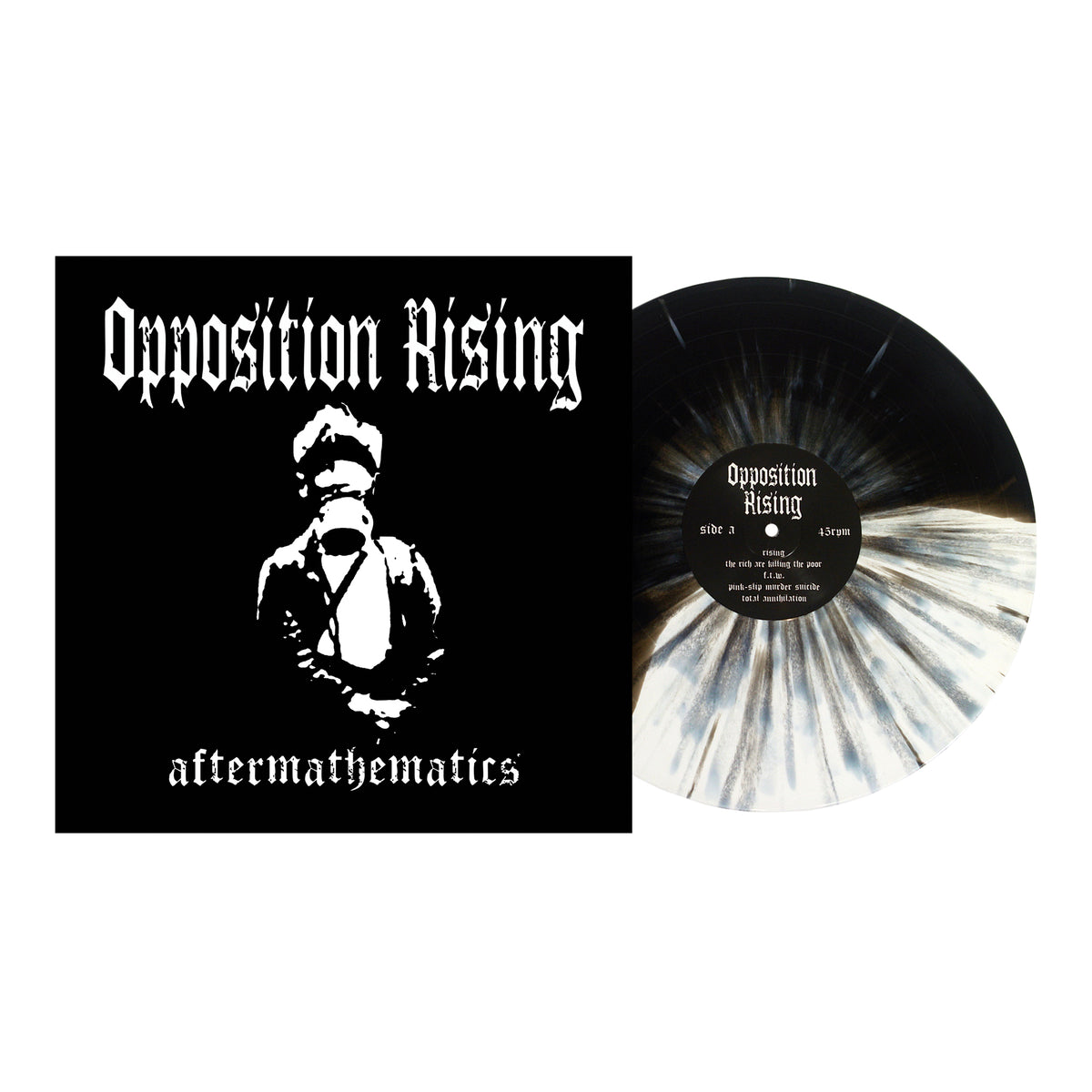 The album Aftermathematics by Opposition Rising features a black-and-white cover with a militant figure in gothic font; the vinyl is black with white streaks.