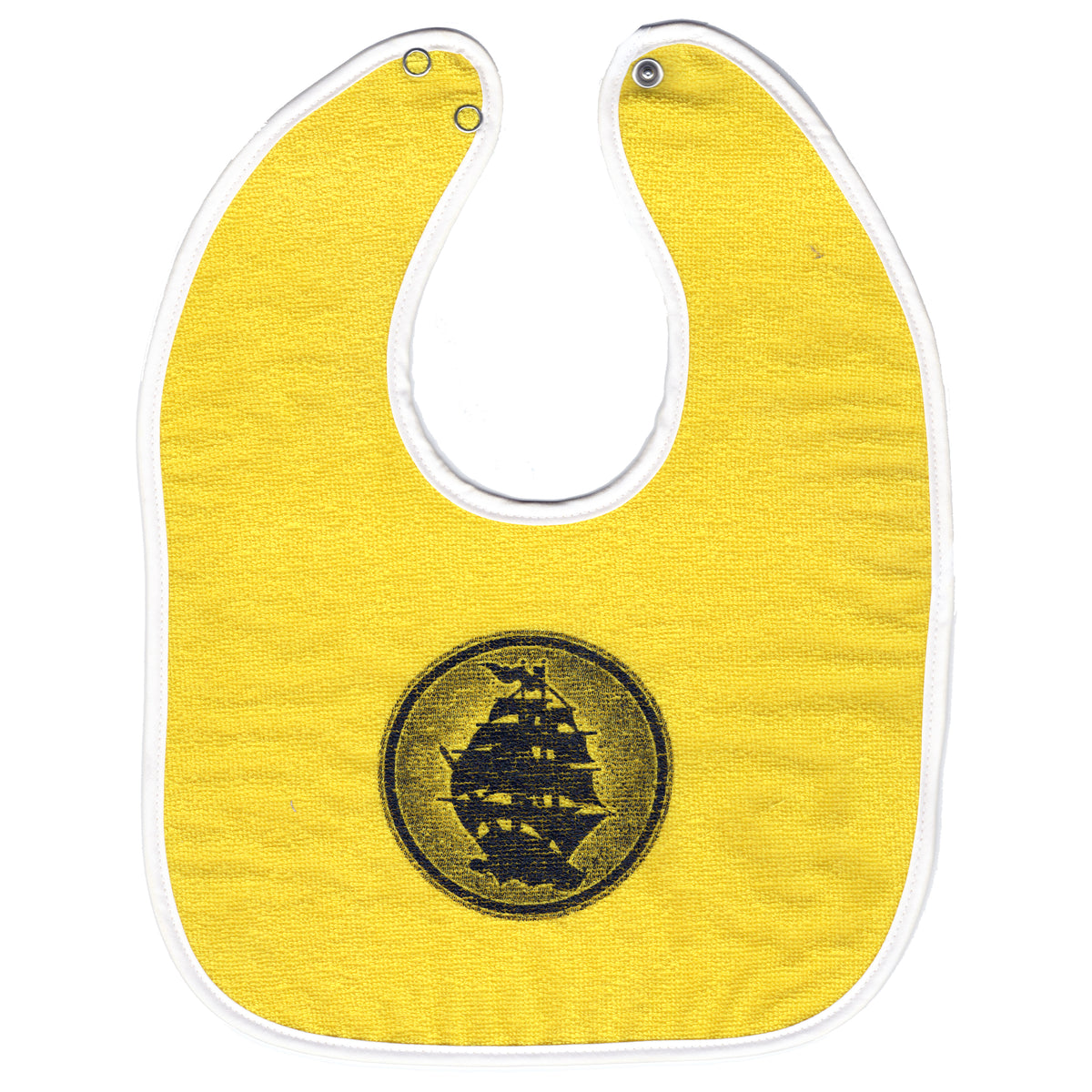 A yellow baby bib with white trim, featuring a black Pirates Press circle logo ship illustration at the center.