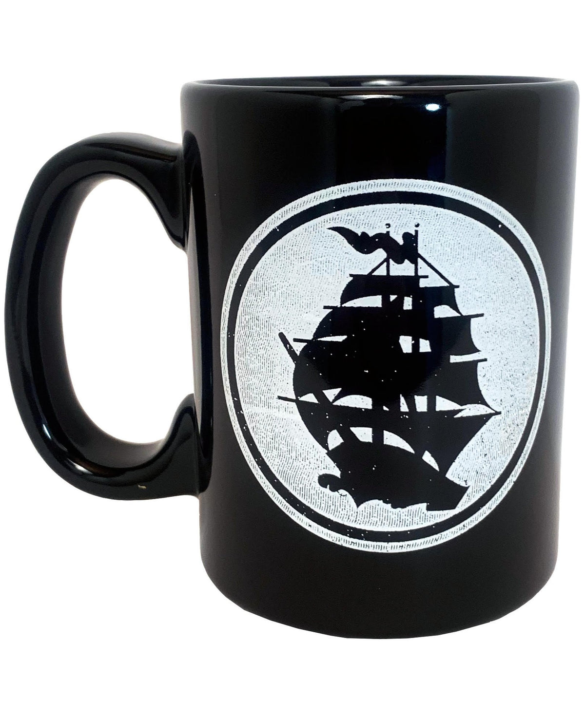 Sip your favorite hot drink from this 15oz black ceramic mug by Pirates Press Records, featuring a white circular design with a sailing ship silhouette.