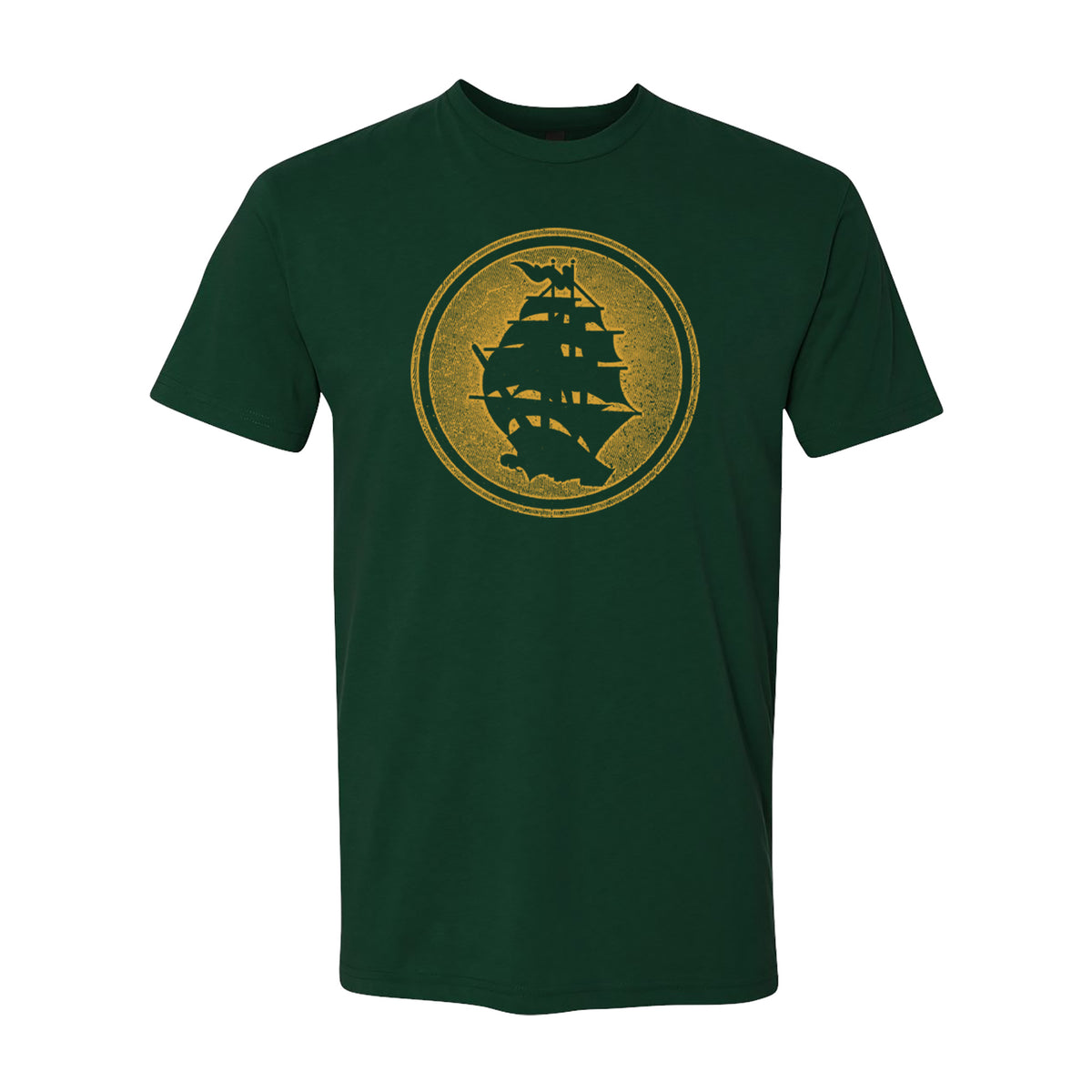 Dark green Next Level 3600 T-shirt by Pirates Press Records, featuring a gold circle logo with a black tall ship silhouette—ideal for fans of the label.