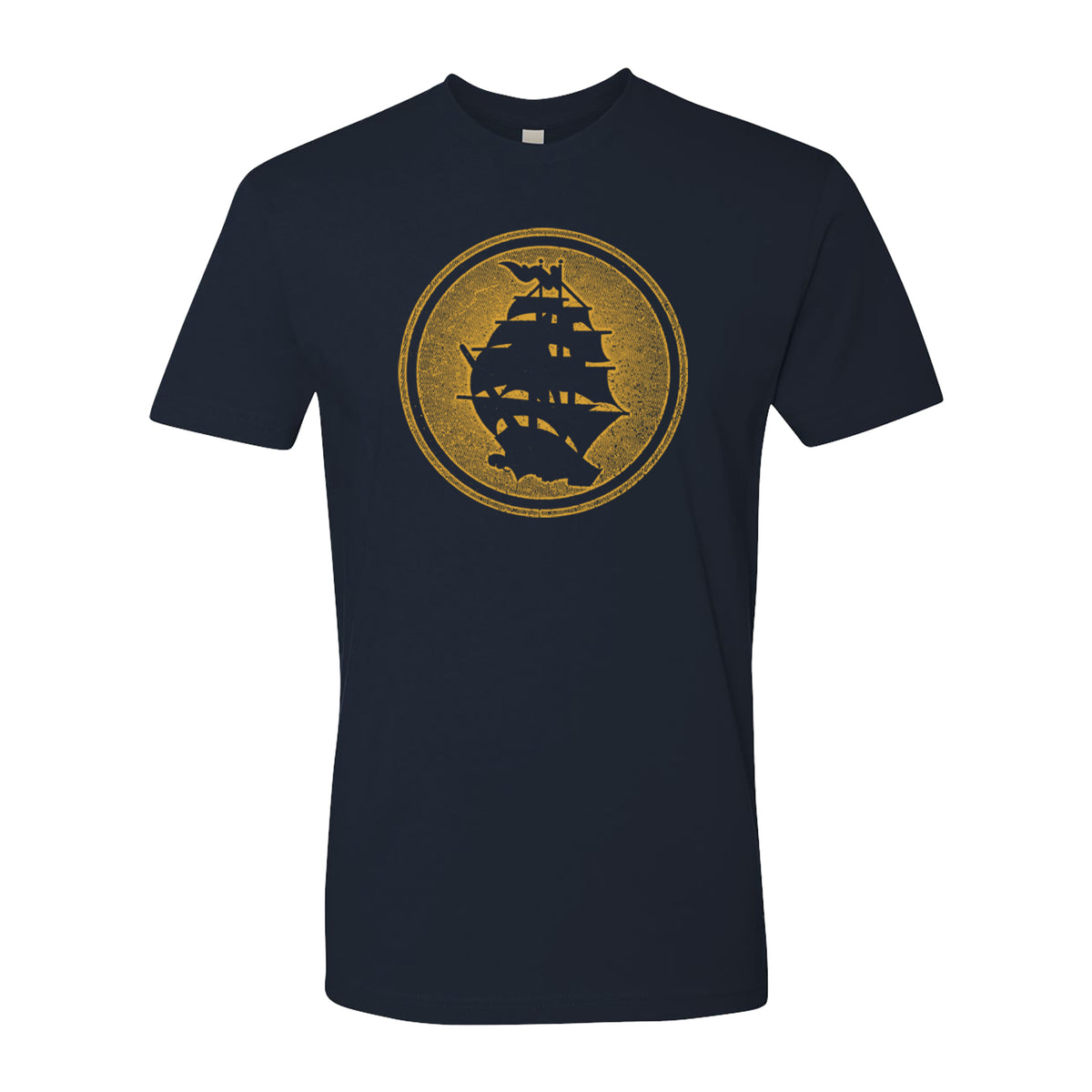 A navy t-shirt from Pirates Press Records featuring a metallic gold circular emblem with a black silhouette of a tall sailing ship, inspired by classic Pirates Press designs.
