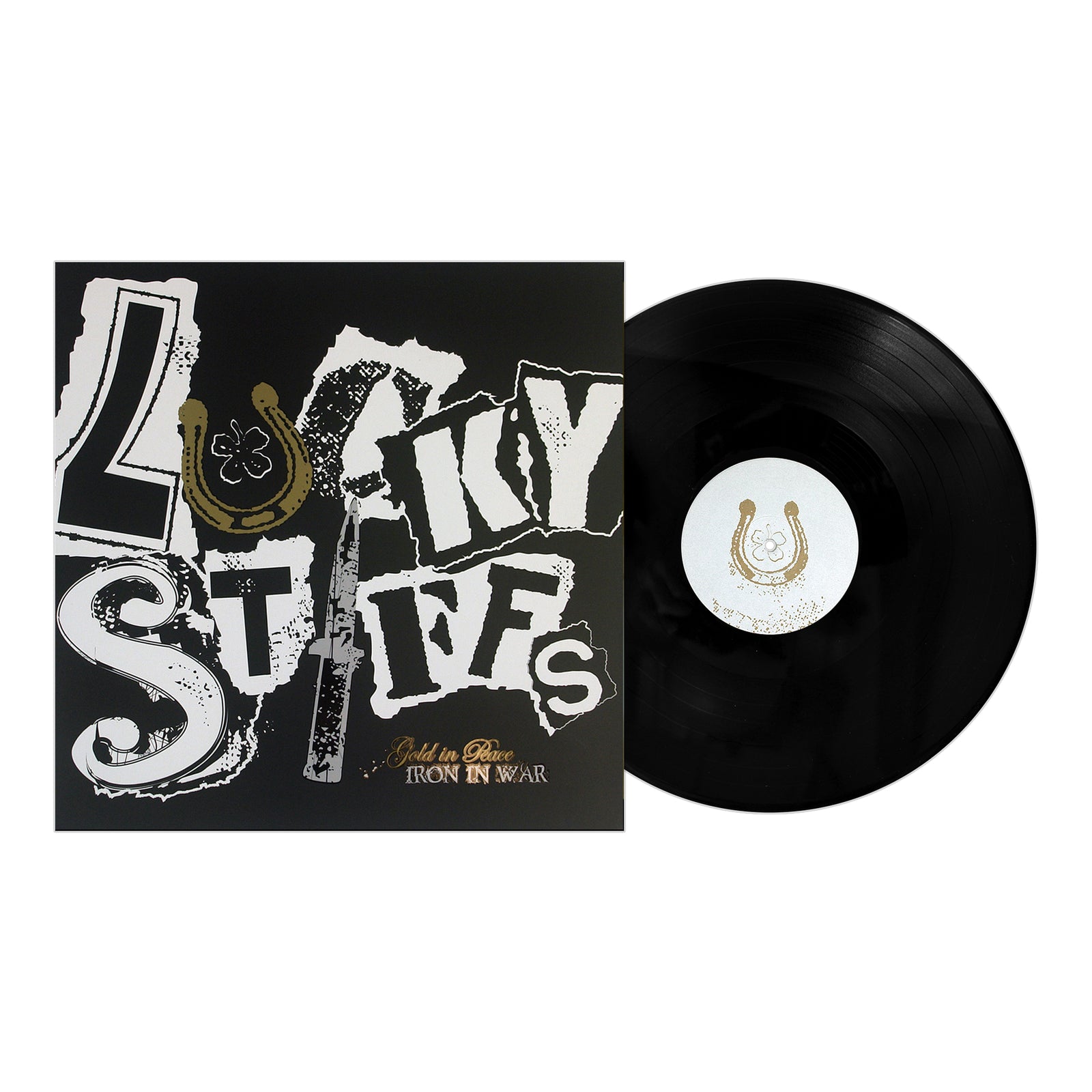 A black vinyl record slides from its cover, which displays the Lucky Stiffs brand in bold, distressed white letters with a gold horseshoe and clover on a black background—San Francisco omni punk style. A small horseshoe design marks the record label.