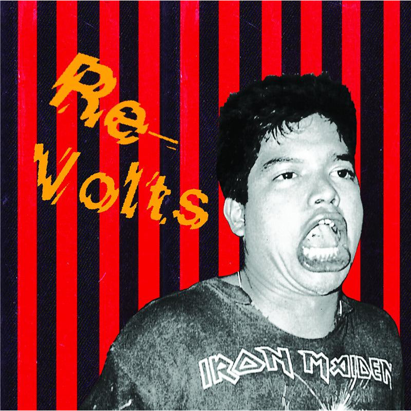 A person in an Iron Maiden shirt makes a funny face before vertical red and black stripes, while yellow, distorted text features the Re-Volts brand name—evoking the rebellious energy of a classic punk EP.