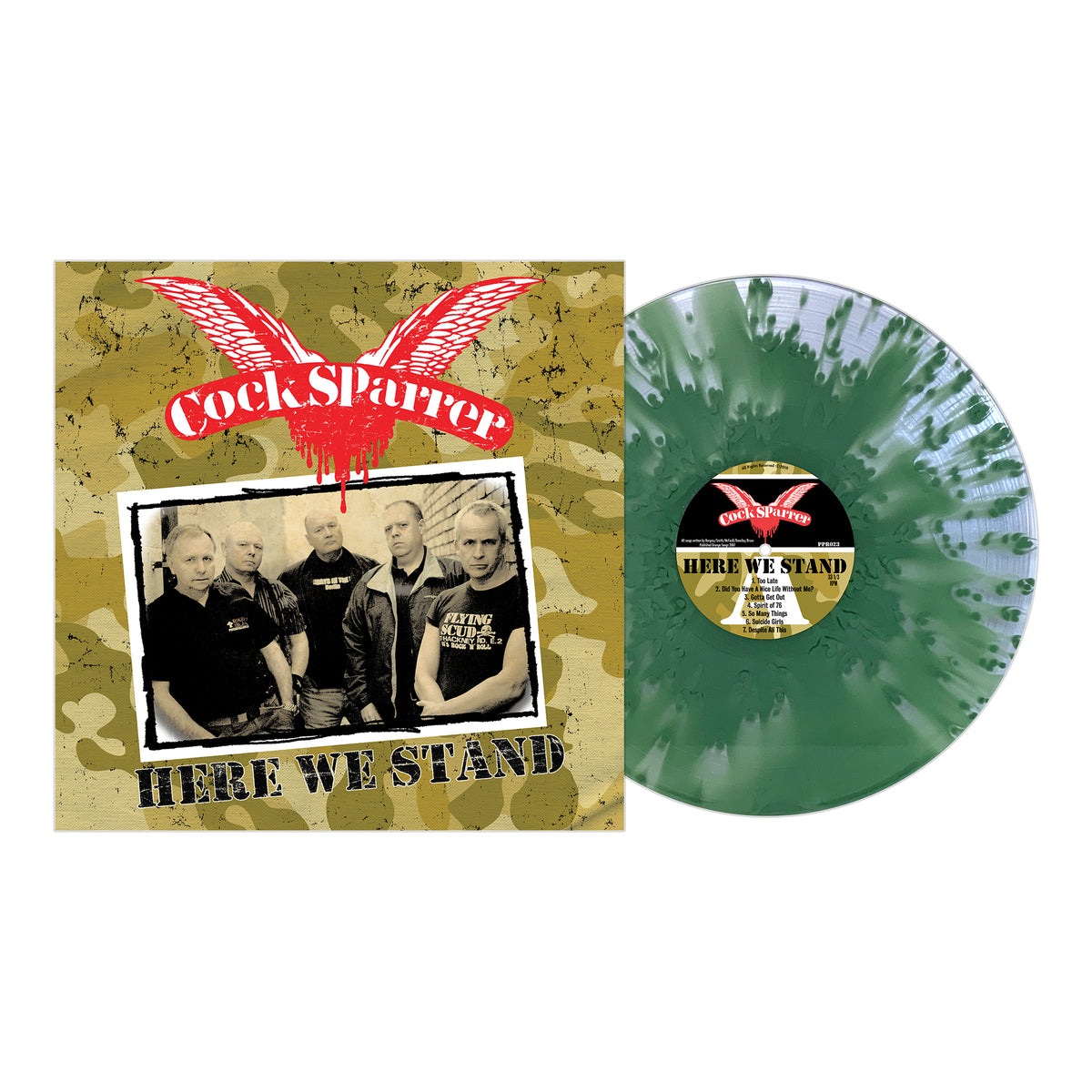 Cock Sparrer’s “Here We Stand” green marbled vinyl features the band with a red winged logo on camouflage. The album cover and record label both showcase the bold punk rock style of this iconic release.