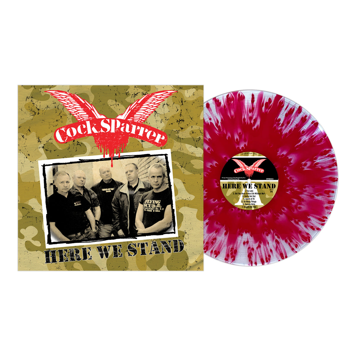 Cock Sparrer Here We Stand album cover shows the band in black and white with a red logo on a camo background. The white vinyl has a bold red splatter design—perfect for punk rock fans.