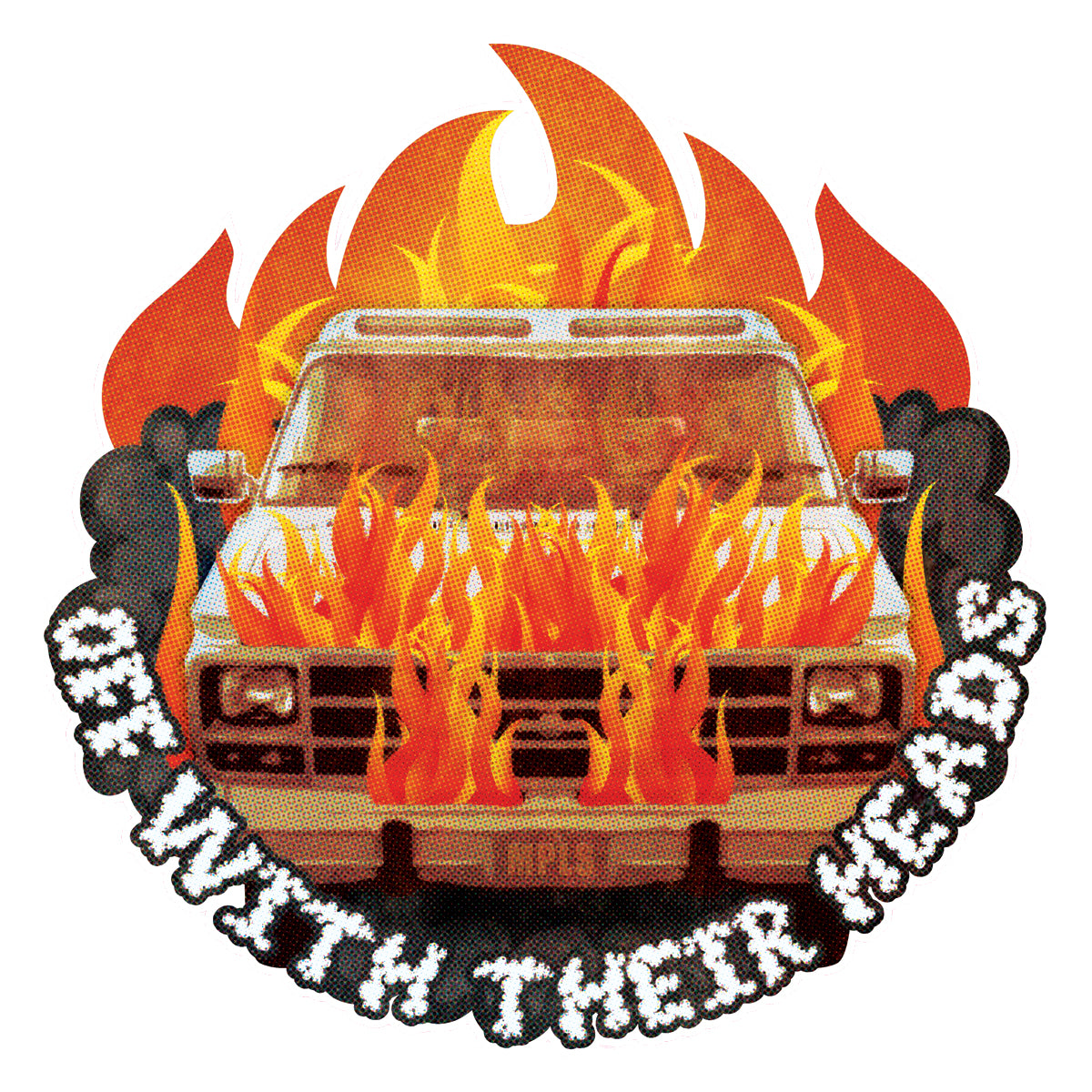 A white truck encircled by orange flames and smoke spelling “OFF WITH THEIR HEADS” appears on this limited edition Off With Their Heads shaped picture disc.