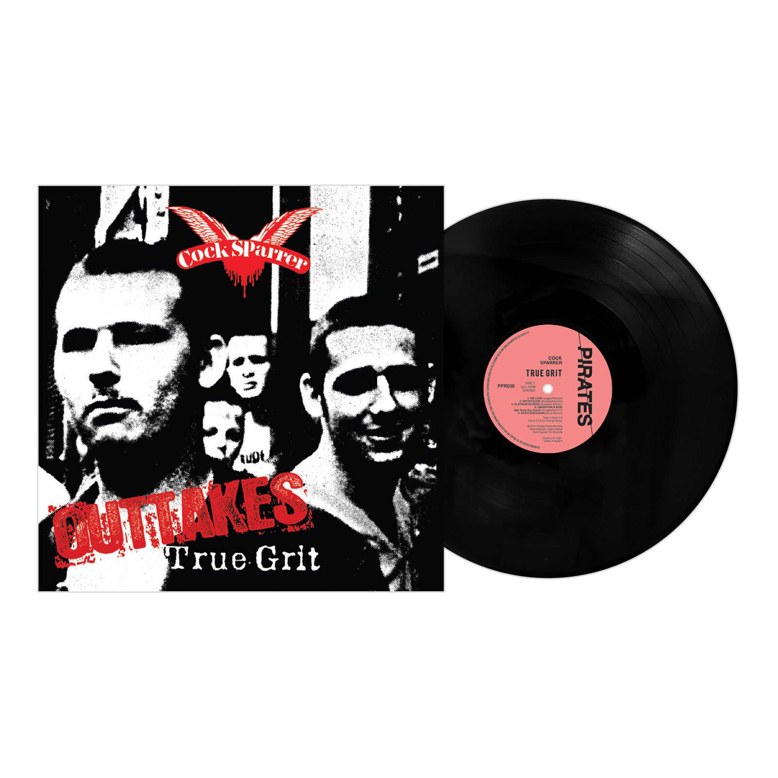 A vinyl record partly out of its cover, which features black-and-white photos of four men, the Cock Sparrer logo, and red text OUTTAKES True Grit—showcasing rare remixed and remastered tracks from their Decca debut.