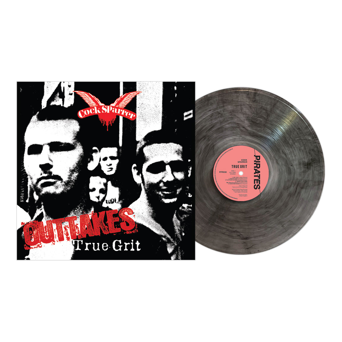 A marbled black and gray Cock Sparrer vinyl sits beside its cover, which features black-and-white band photos and bold red text: Cock Sparrer OUTTAKES True Grit, remixed and remastered for fans.