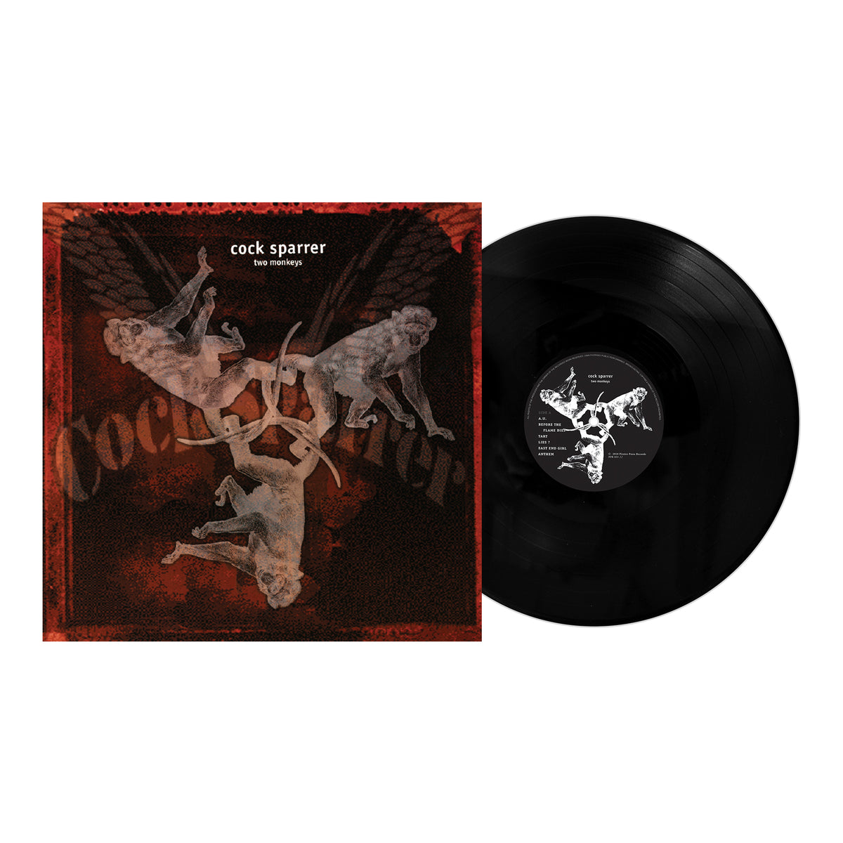 A black vinyl record by Cock Sparrer, partially pulled out next to an album cover that shows three stylized dogs and the text Cock Sparrer Two Monkeys on a dark textured background.