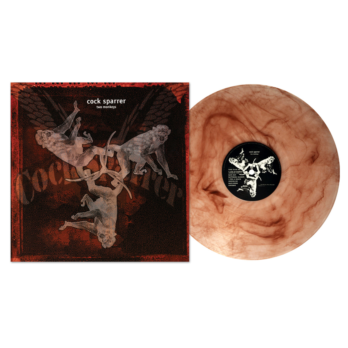 A marbled brown and beige vinyl by Cock Sparrer lies beside its cover, which displays three white birds soaring against a dark backdrop. The album title features the iconic punk rock brand Cock Sparrer behind Two Monkeys.