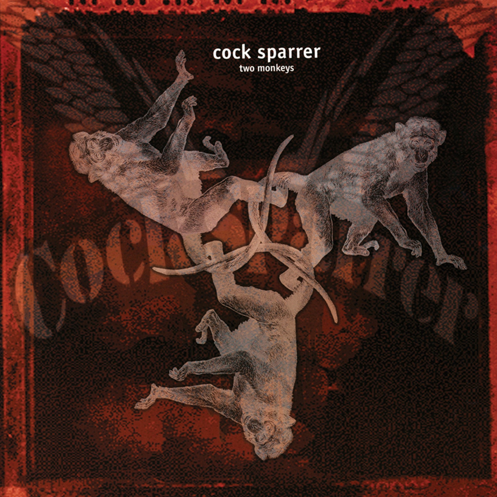 Three hand-drawn monkeys form a circular pattern on a textured, dark red background. The text Cock Sparrer appears at the top, reflecting the brands punk rock influence.