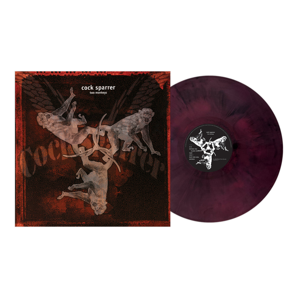 A marbled purple punk rock vinyl by Cock Sparrer is partially out of its cover, which shows three winged monkeys intertwined and the text Cock Sparrer Two Monkeys at the top.