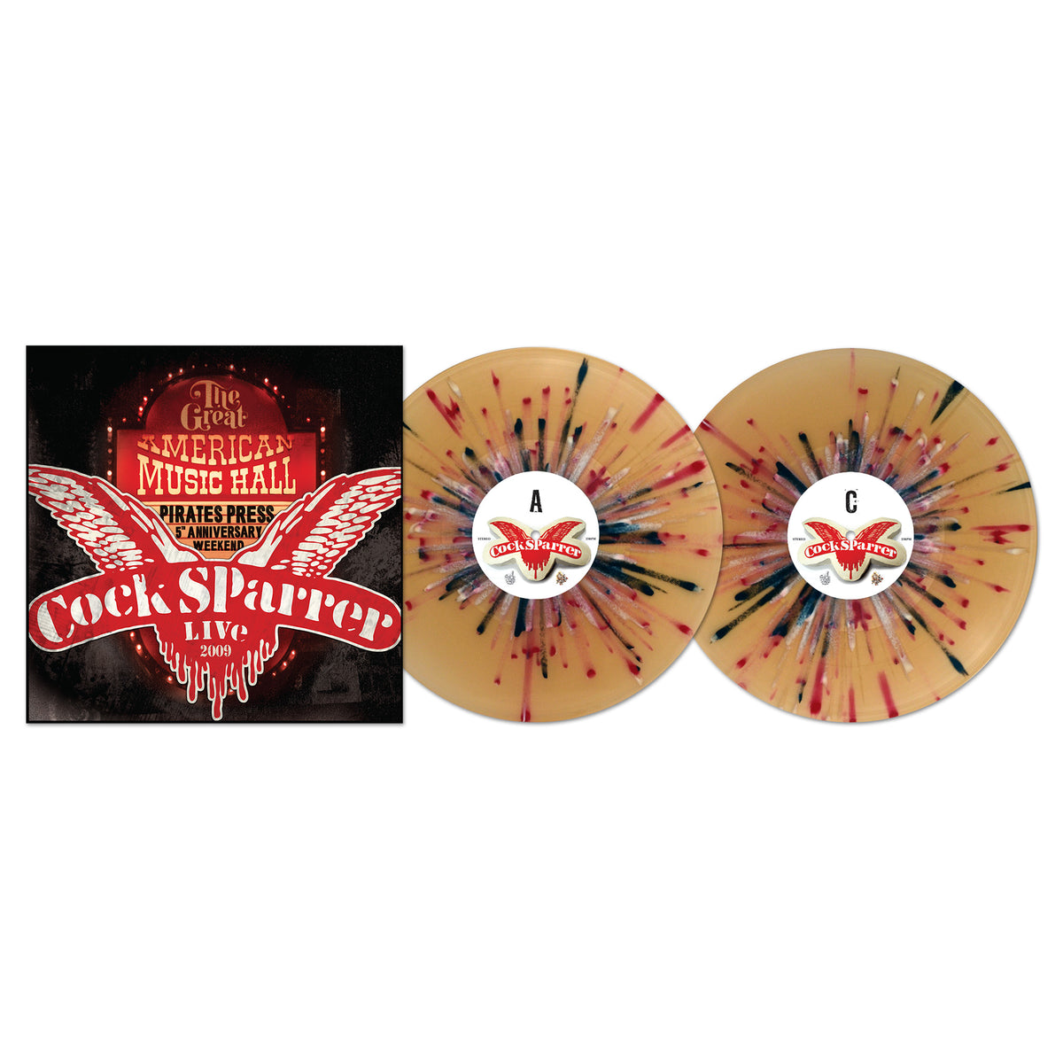 Cock Sparrer Live at the Great American Music Hall LP, released for Pirates Press 5th Anniversary, comes in a diecut gatefold jacket with two tan double vinyl records splattered red, black, and blue, marked sides A and C.
