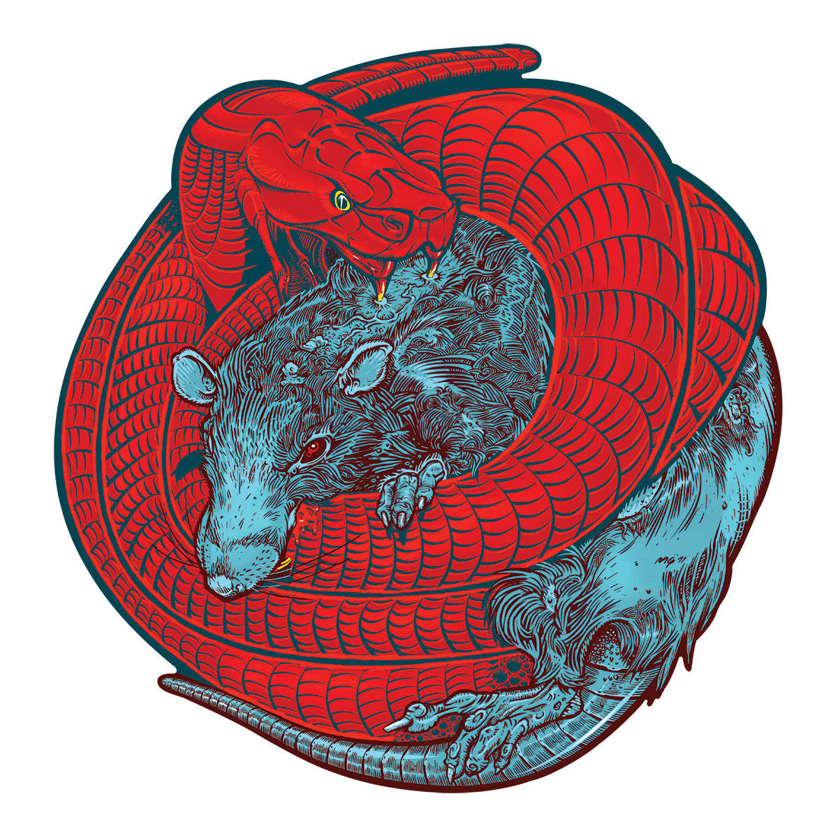 A red snake coils around a blue rat, fangs bared and ready to strike. This highly detailed, stylized Red Union illustration makes for striking collectible art on a plain white background.