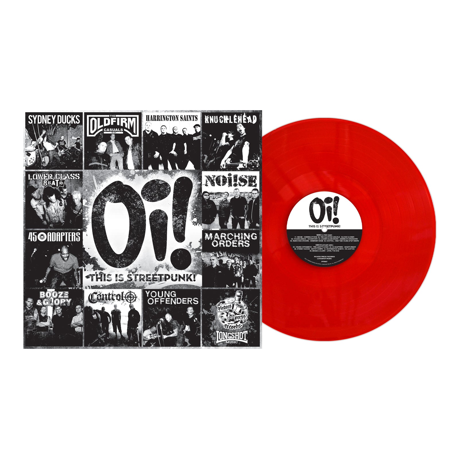 A red Streetpunk vinyl from Pirates Press Records partially slides out of the black-and-white "Oi! This is Streetpunk!" album cover, featuring photos and logos of SF punk bands like Sydney Ducks, Old Firm, Harrington Saints, and more.